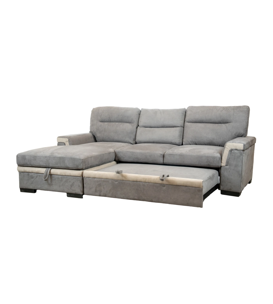 DIVANO LETTO ANGOLARE "ERIKA" IN TESSUTO GRIGIO CON PENISOLA A SINISTRA, 254X92/165X102 CM